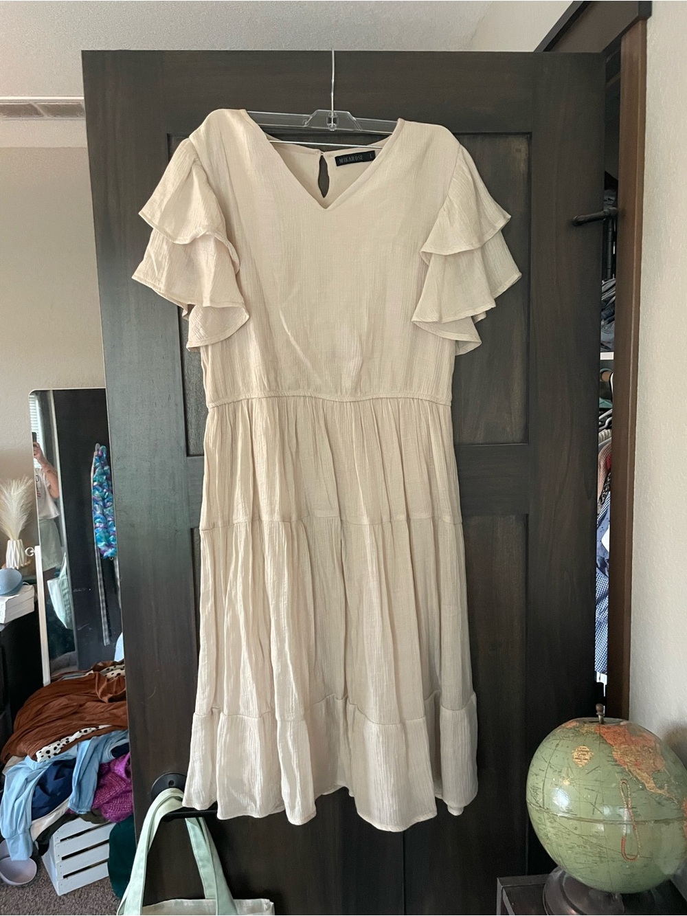 Tiered V-Neck Midi Dress with Flutter Sleeves — Cream